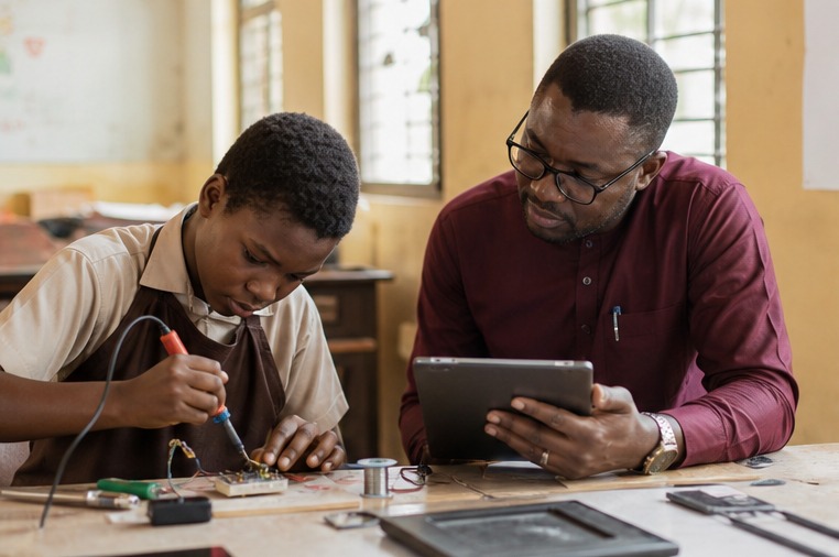 A Nigerian learner presenting evidence from a practical project